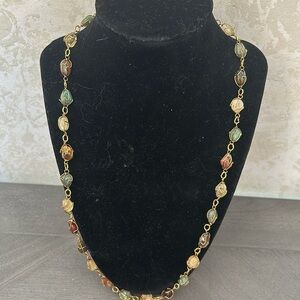 VINTAGE Beggars Beads Semi Precious Multicolor Stones Encased Gold Tone Necklace